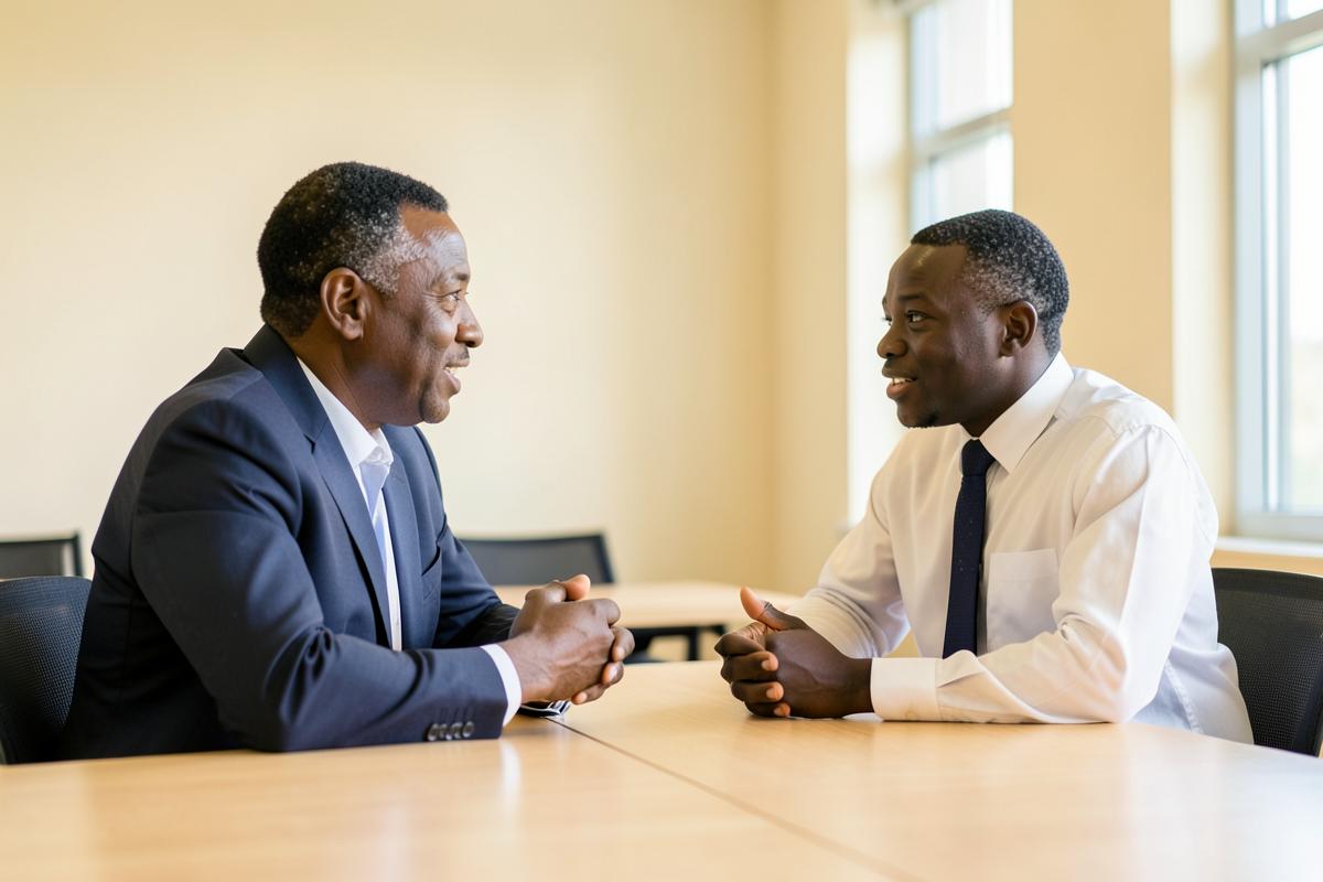 Two church leaders in conversation across a table in a sunlit seminar room