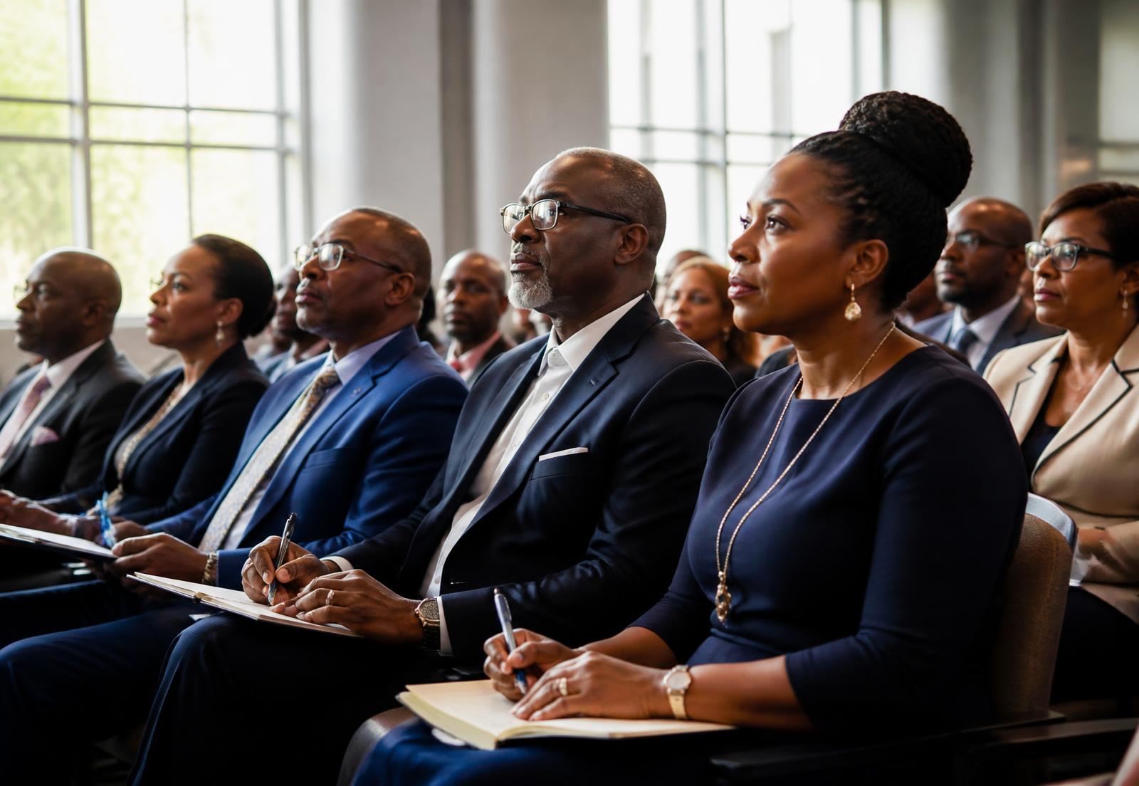 Church leaders taking notes during a leadership seminar in a modern lecture hall