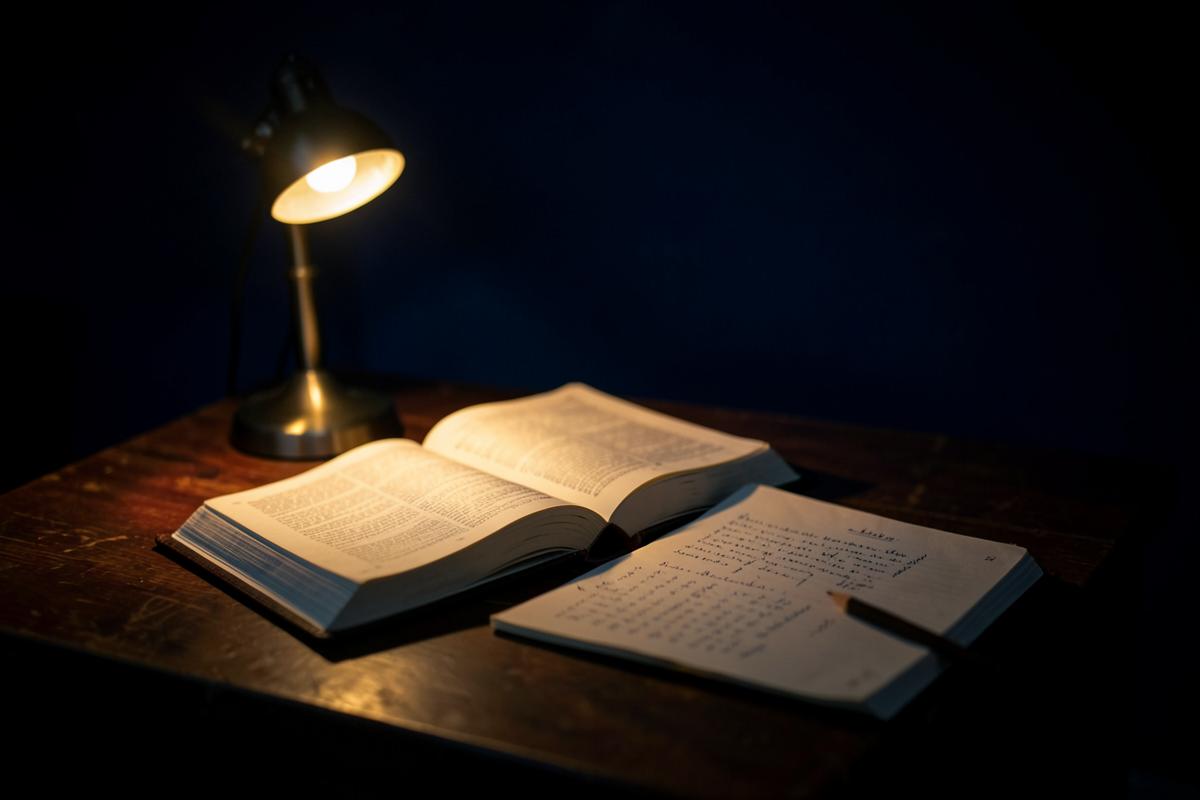 An open Bible and a handwritten journal on a desk lit by a warm lamp at night, representing careful study and reflection
